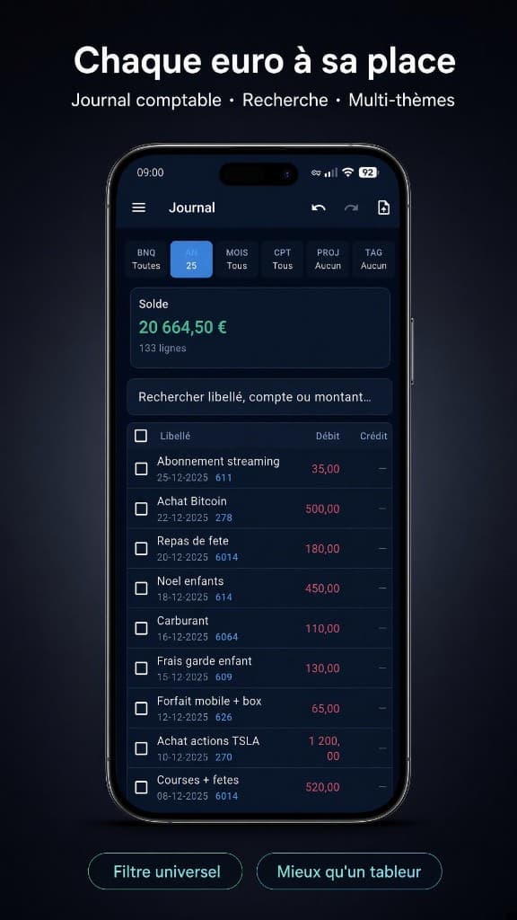 Legacy — journal comptable avec recherche et filtres